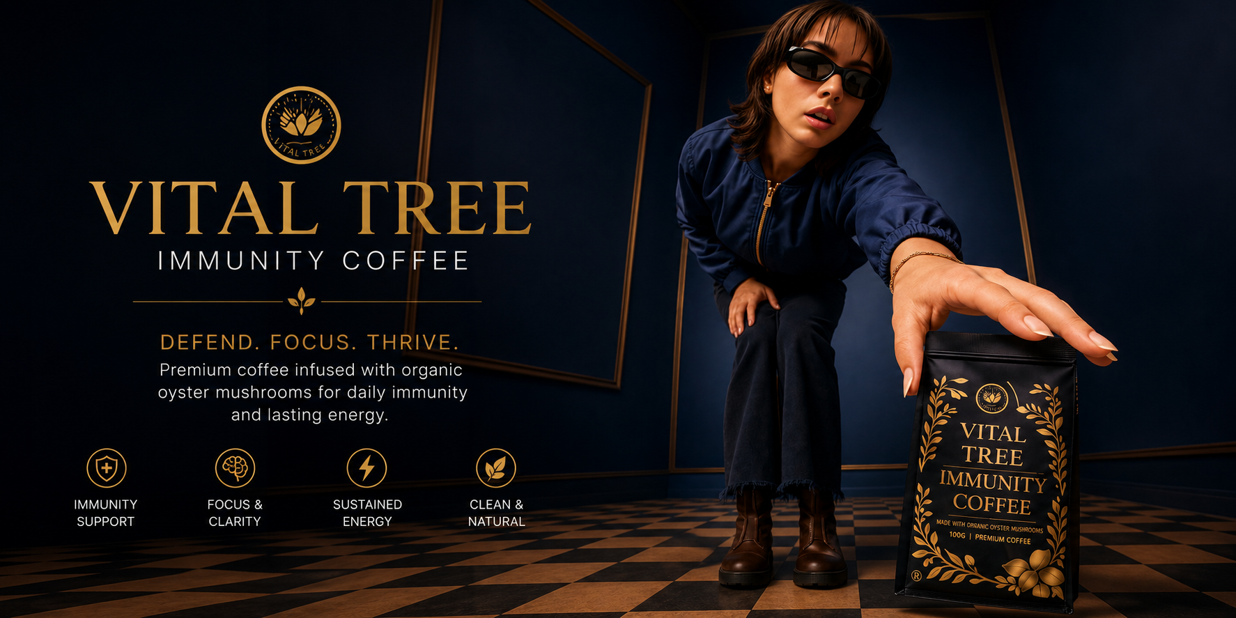 Person holding a 'Vital Tree Immunity Coffee' container with brand details on a dark background
