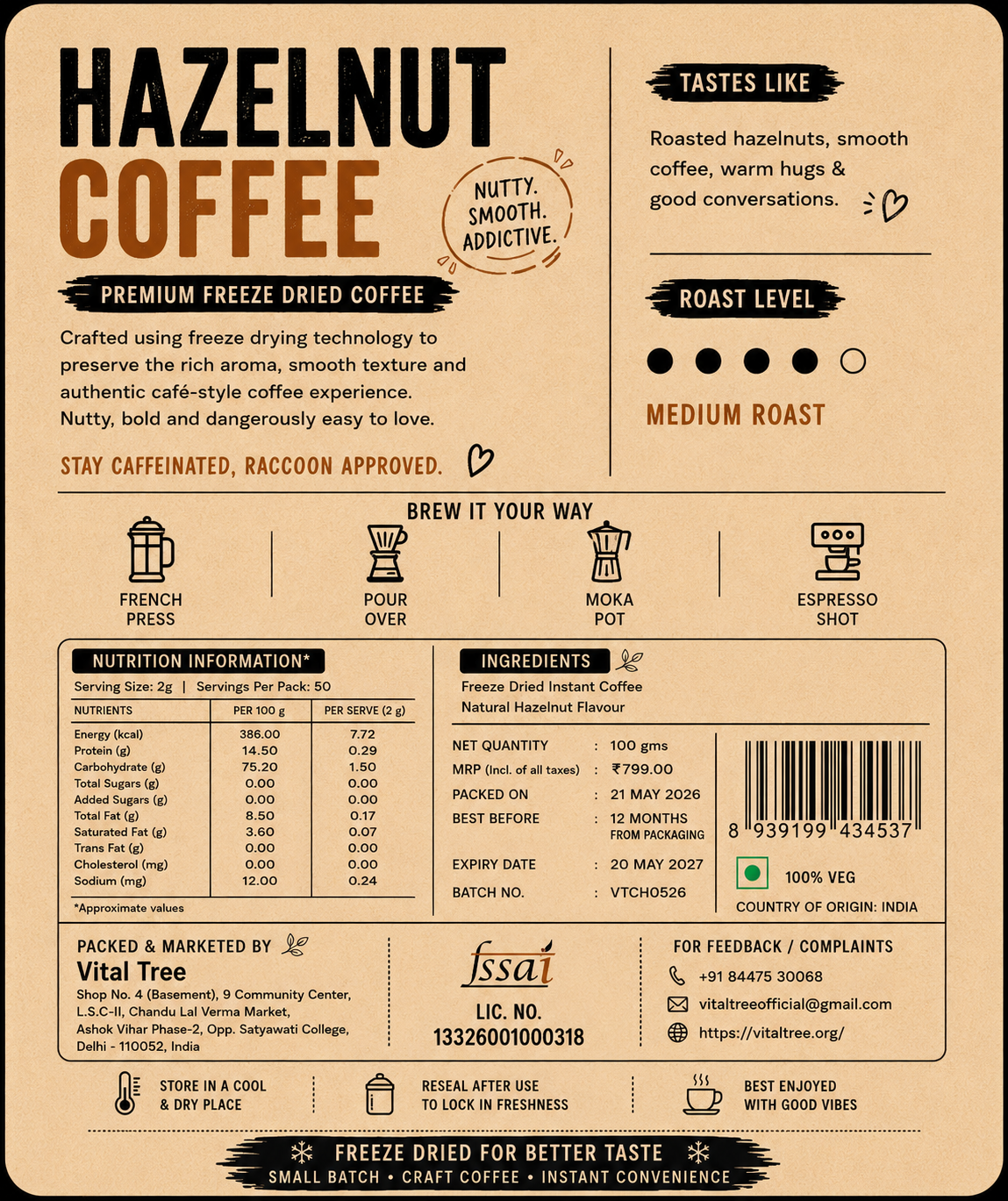 Vital Tree Premium Hazelnut Instant Coffee – Freeze Dried Coffee | 100g